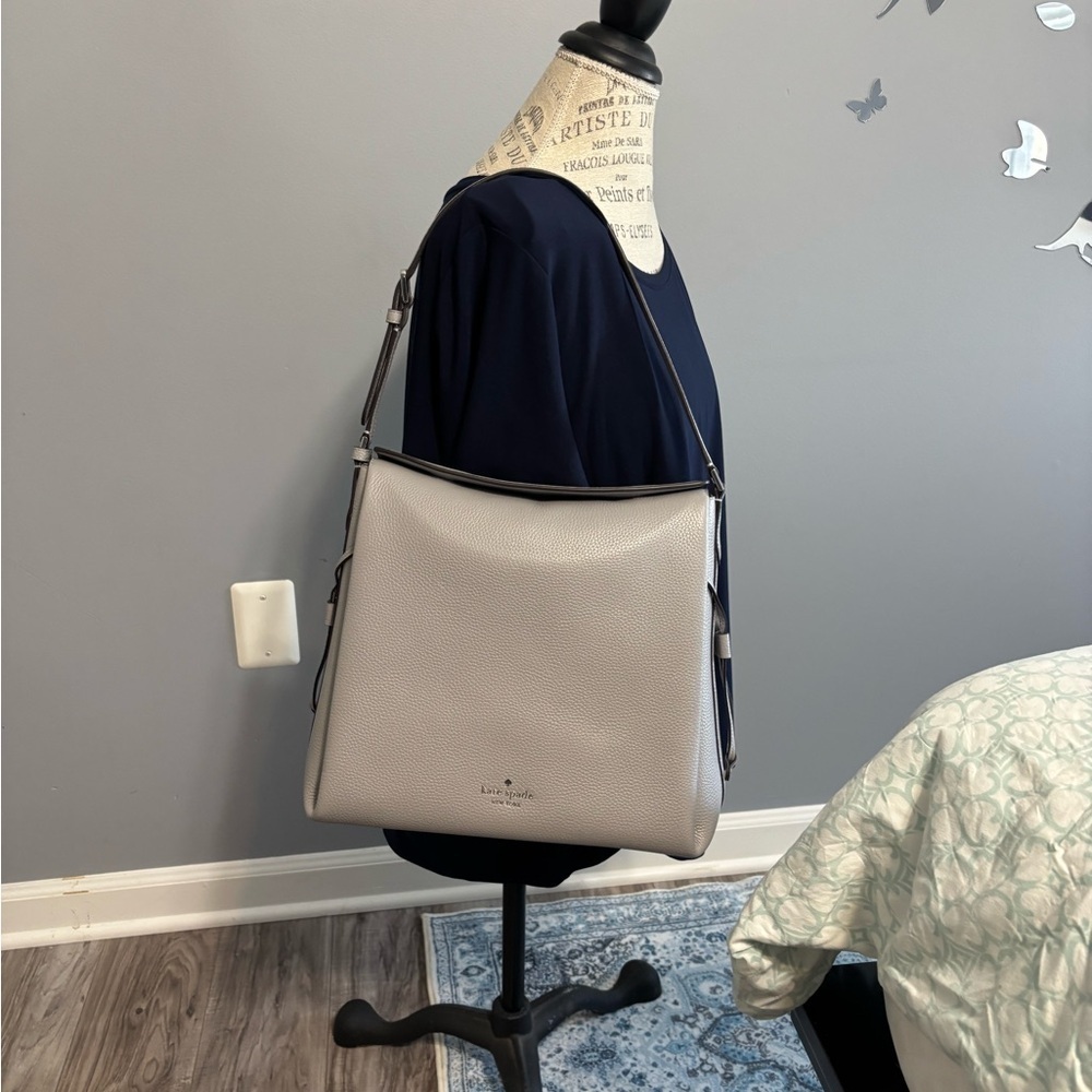 Kate Spade Large Pebbled Leather Hobo Shoulder Bag Gray NWOT
